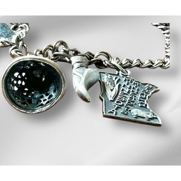 Sterling Silver Charm Bracelet W/ Pinecone Mug Clover & State Charms VTG 6.25” L - Picture 4 of 15